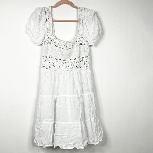 2/$30 Jessica Simpson Smocked Crochet Fit and Flare Dress White Medium #8905 - Picture 1 of 5